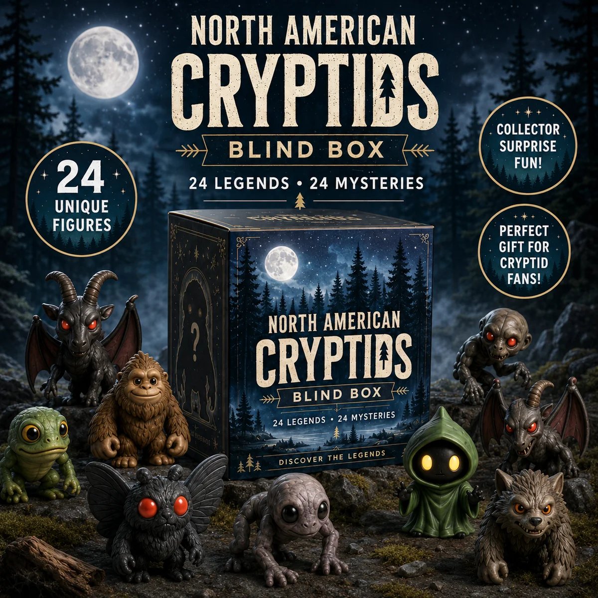 North American Cryptids mystery collection forest scene