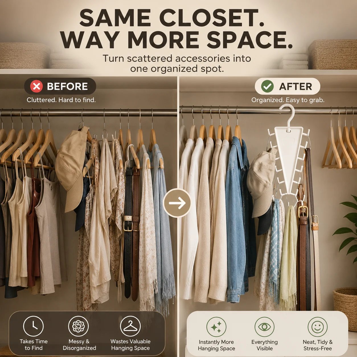 Before and after closet organization showing more hanging space with a vertical accessory organizer