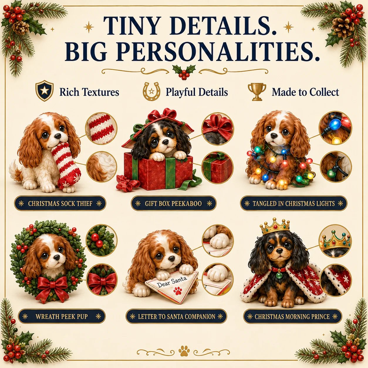 Close-up Christmas Cavalier collectible figure details