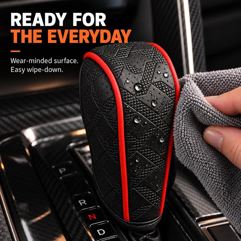 Shift knob cover surface shown with everyday water droplets and wear detail