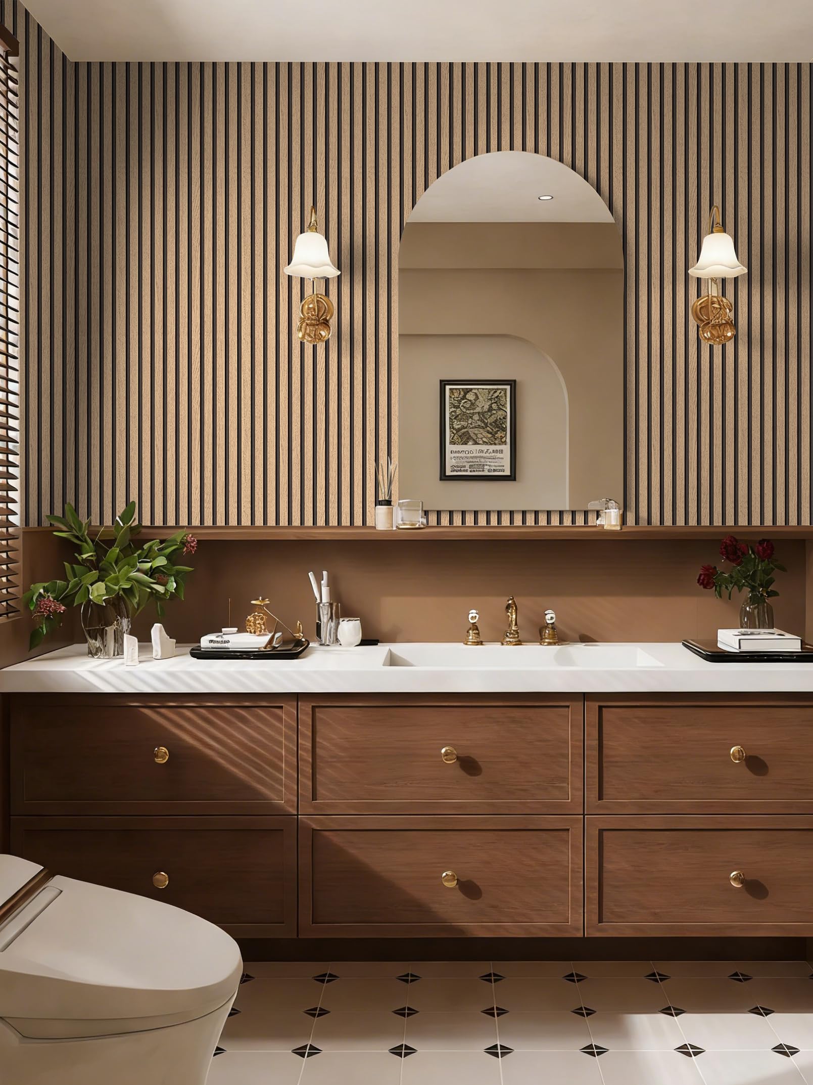 Wood slat wall panels behind bathroom vanity mirror