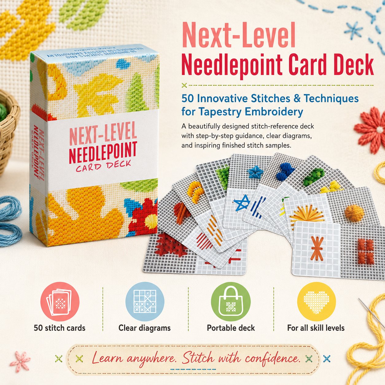Next-Level Needlepoint Card Deck with 50 stitch reference cards