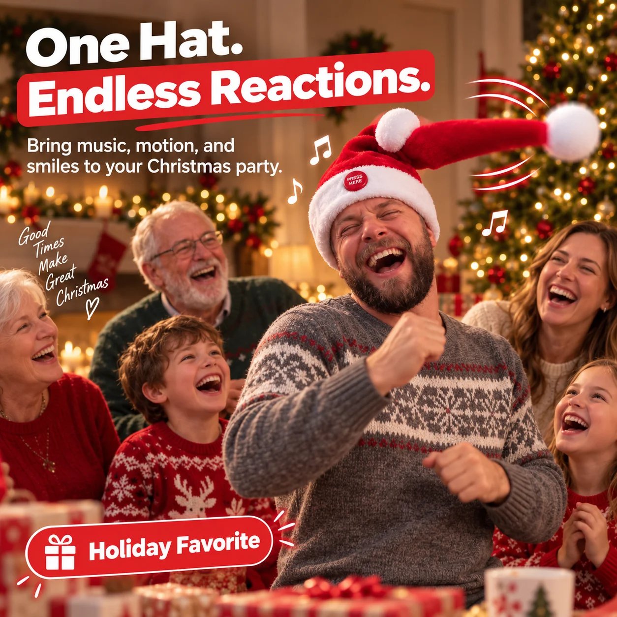 Family laughing as animated Santa hat swings at Christmas party