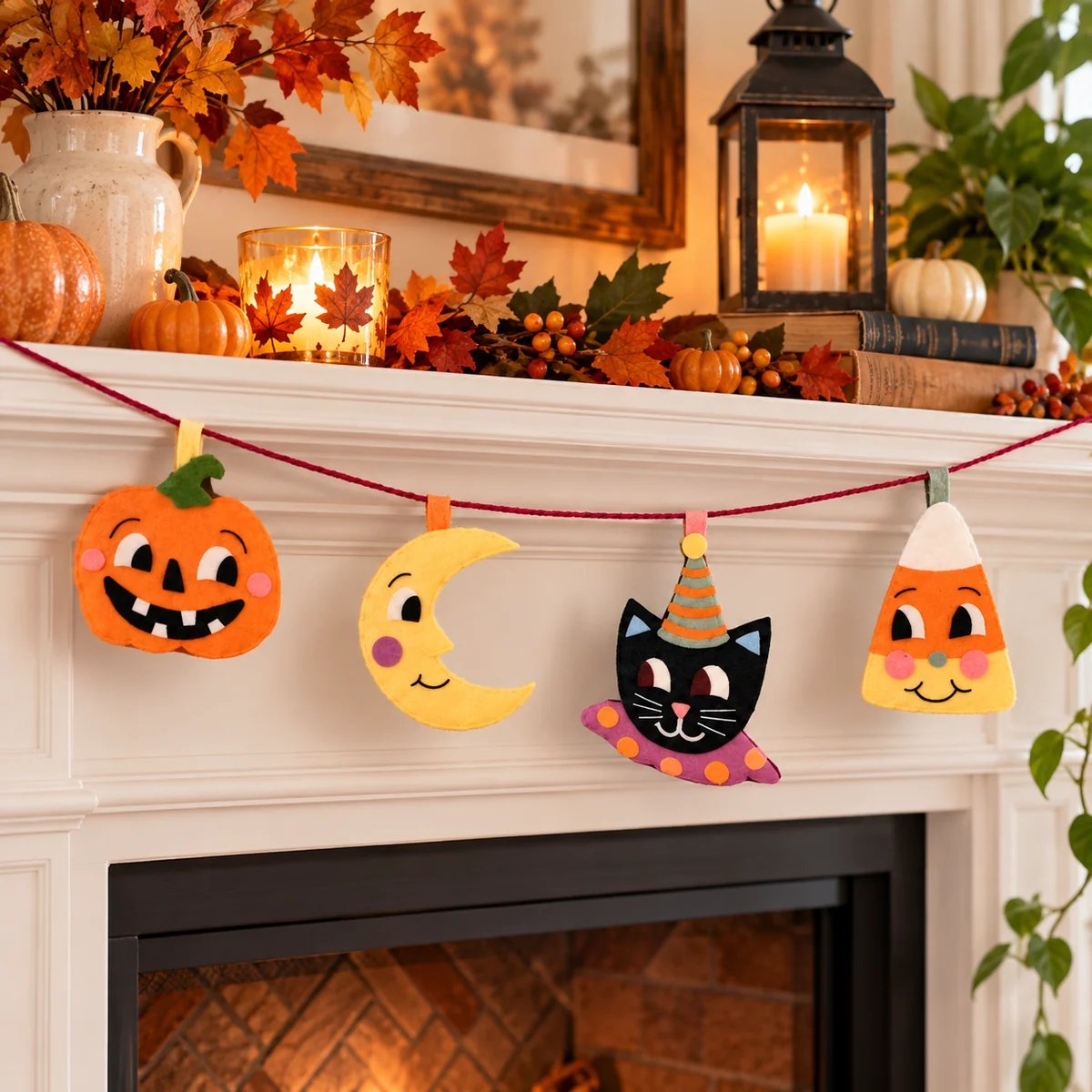 Finished Halloween felt garland displayed across fireplace mantel