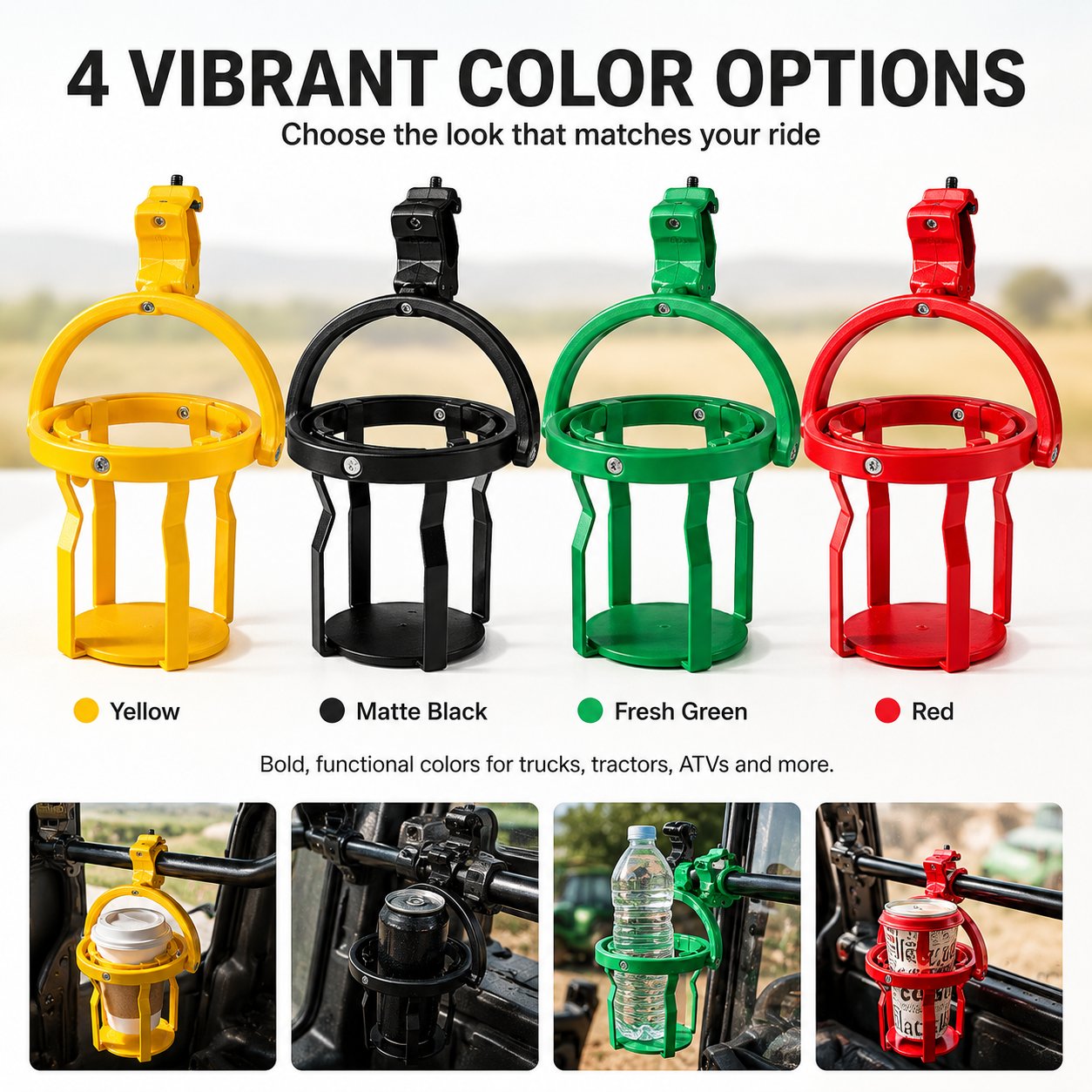 Four color options for gyroscopic anti spill cup holder