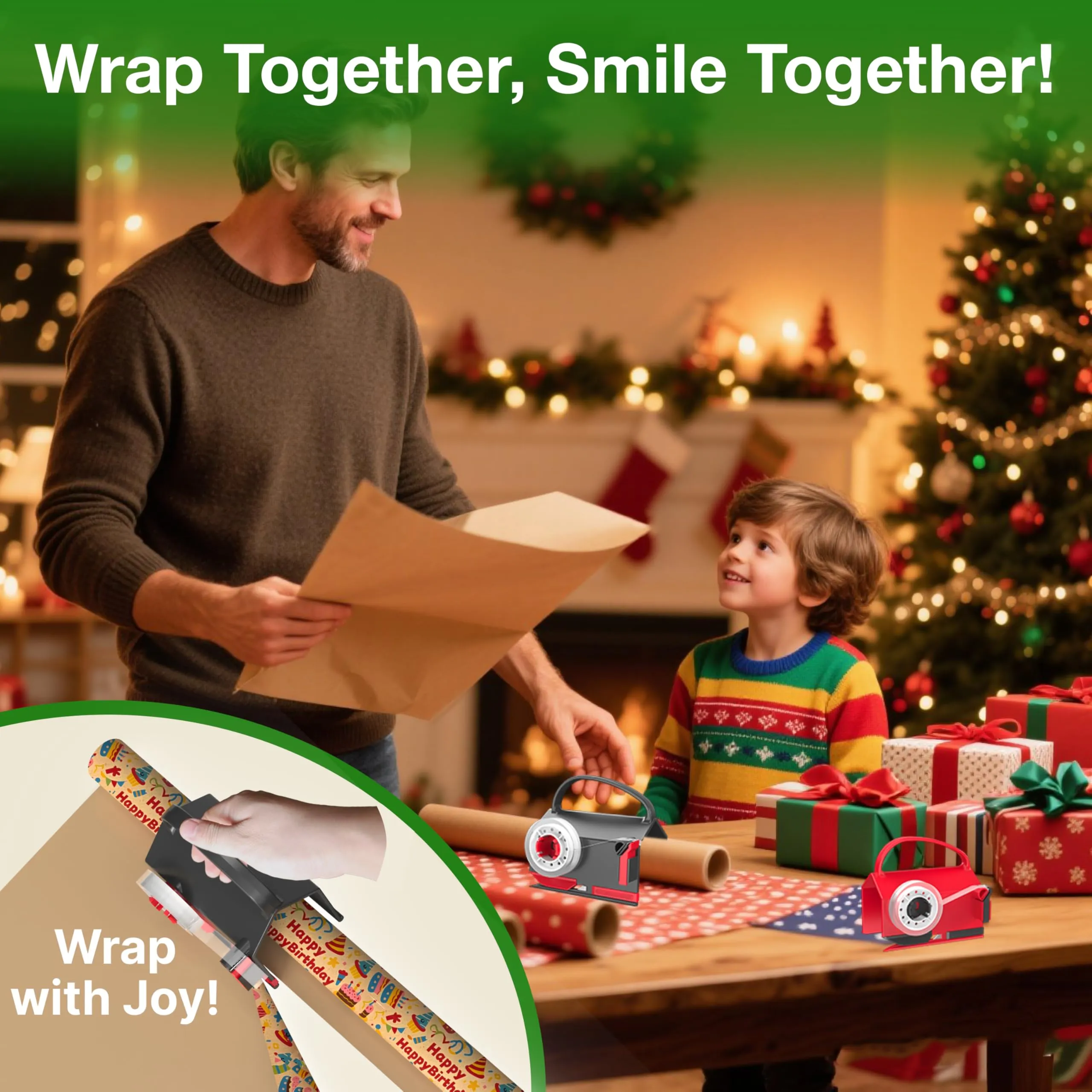 DHG 2-Pack Dual-Use Wrapping Paper Cutter & Tape Dispenser Kit, Sliding Roll Slicer Holder with 4 Tape Rolls & 2 Spare Blades, Multifunctional Stationery Cutting Supplies for Home Office, Handles Cellophane Neatly, Fits Kraft Paper, Holiday