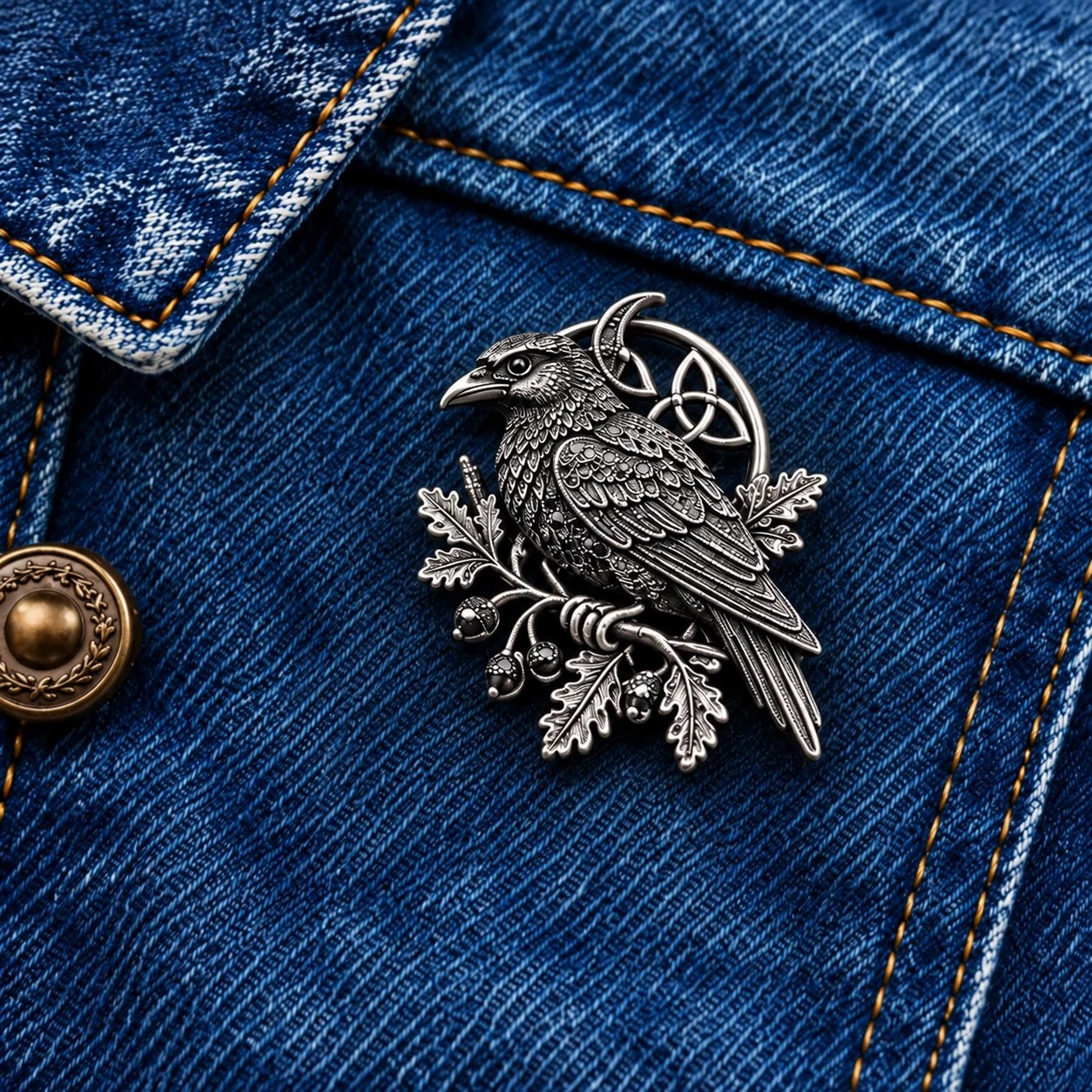 Silver-tone design A showing sculpted feathers, crescent, triquetra, oak leaves and dark round accents on denim