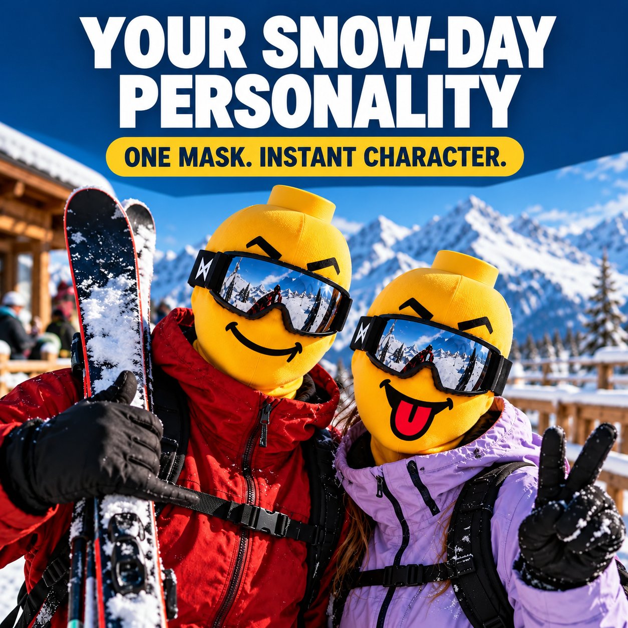 Smile expression mask worn on a snow day