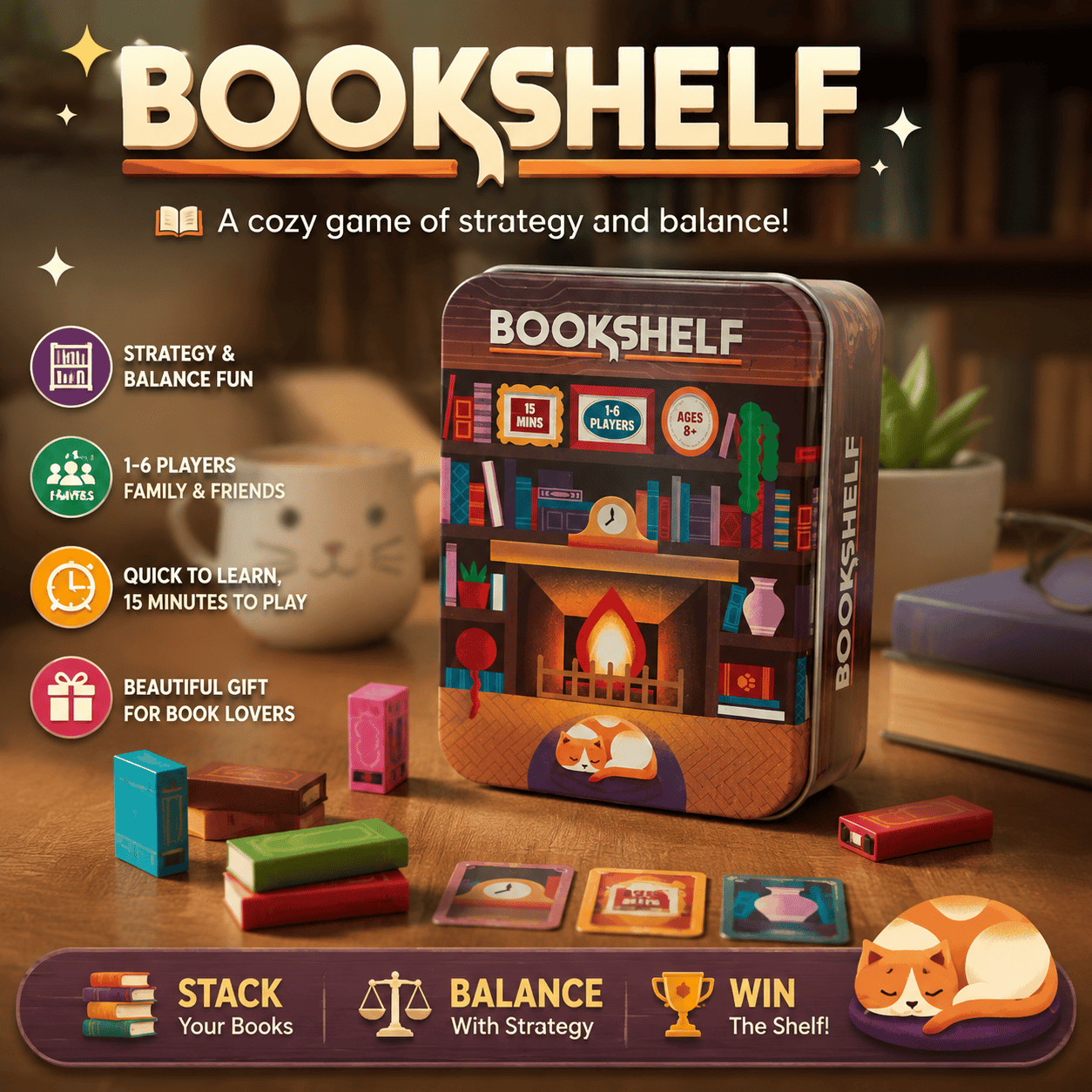 Adorable book-shaped and cat meeples Adorable book-shaped and cat meeples
