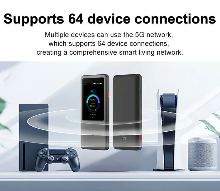 Portable WiFi device surrounded by a game console, controller, and speaker Portable WiFi device surrounded by a game console, controller, and speaker