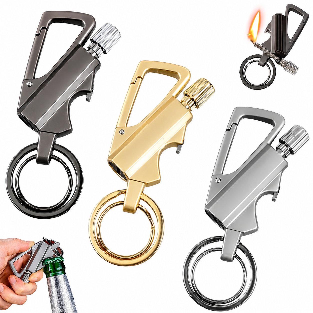 Refillable metal permanent match bottle opener keychains in multiple finishes