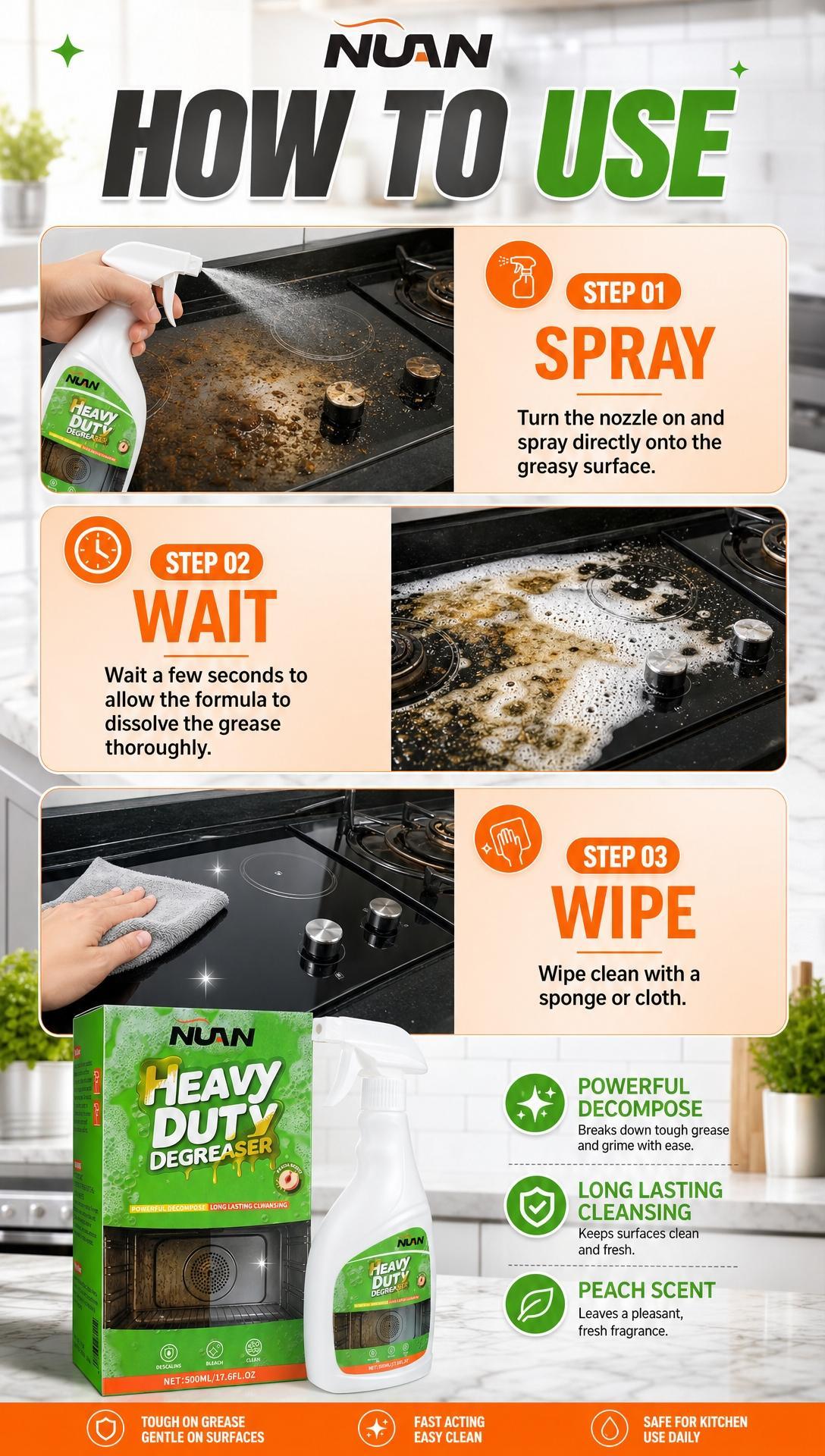 NUAN Heavy Duty Kitchen Degreaser Spray - 500ml Multi-Use Kitchen Household Products, Household Items for Grill Cleaning, Grease Removal on Appliances, Stovetops, Range Hoods, 500 Ml NUAN Heavy Duty Kitchen Degreaser Spray - 500ml Multi-Use Kitchen Household Products, Household Items for Grill Cleaning, Grease Removal on Appliances, Stovetops, Range Hoods, 500 Ml