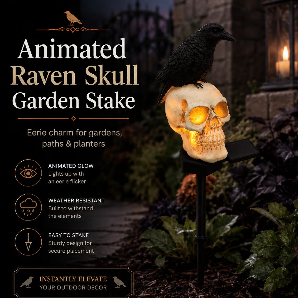 Animated raven skull solar Halloween garden stake