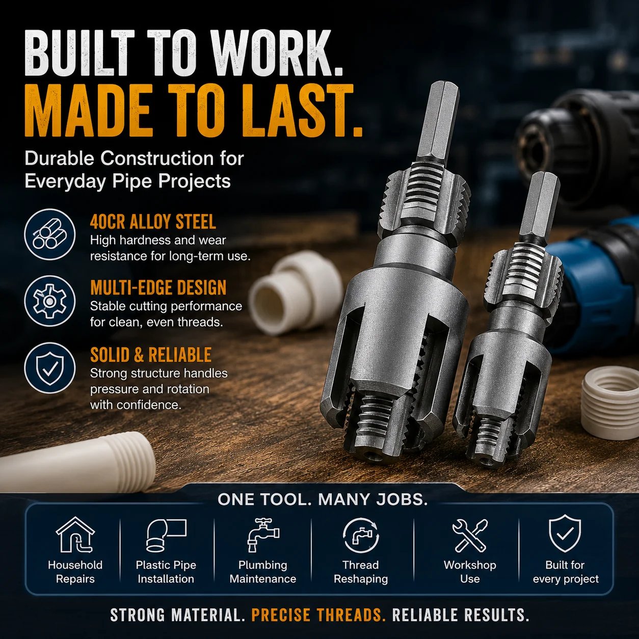 Integrated pipe thread cutting tool bit full profile view