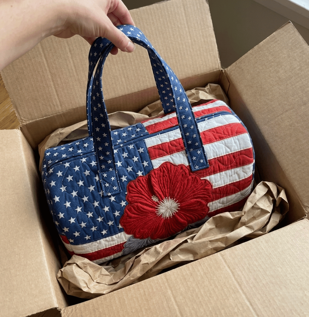 Quilted USA tote bag standing on porch steps