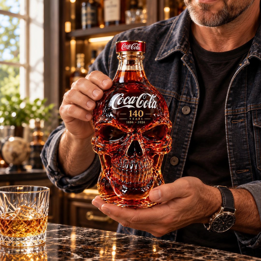 Side view of cola anniversary skull-shaped whiskey bottle