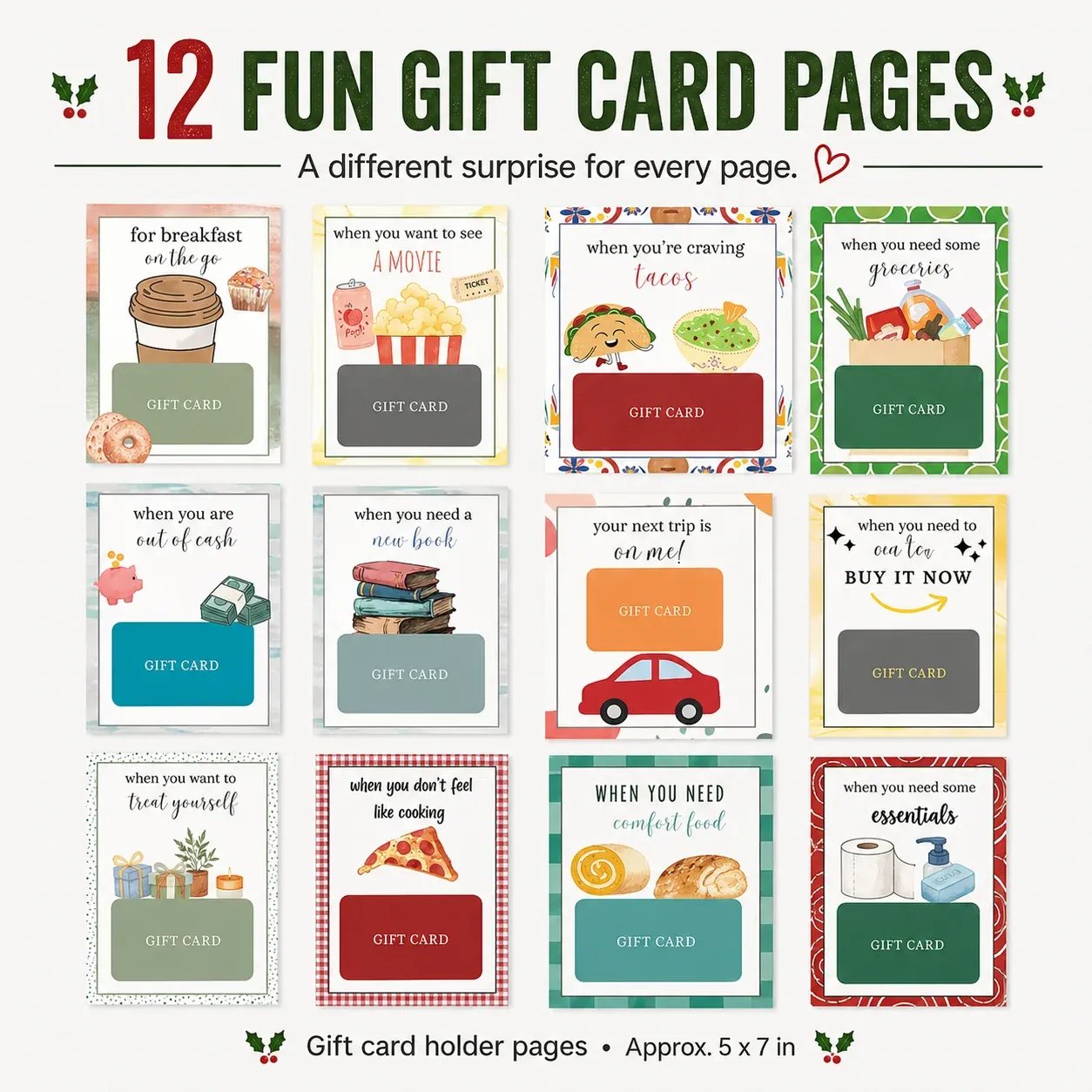 12 themed Christmas gift card holder pages