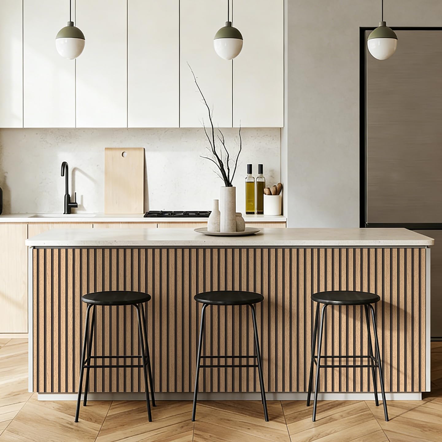 Wood slat panels on kitchen island front