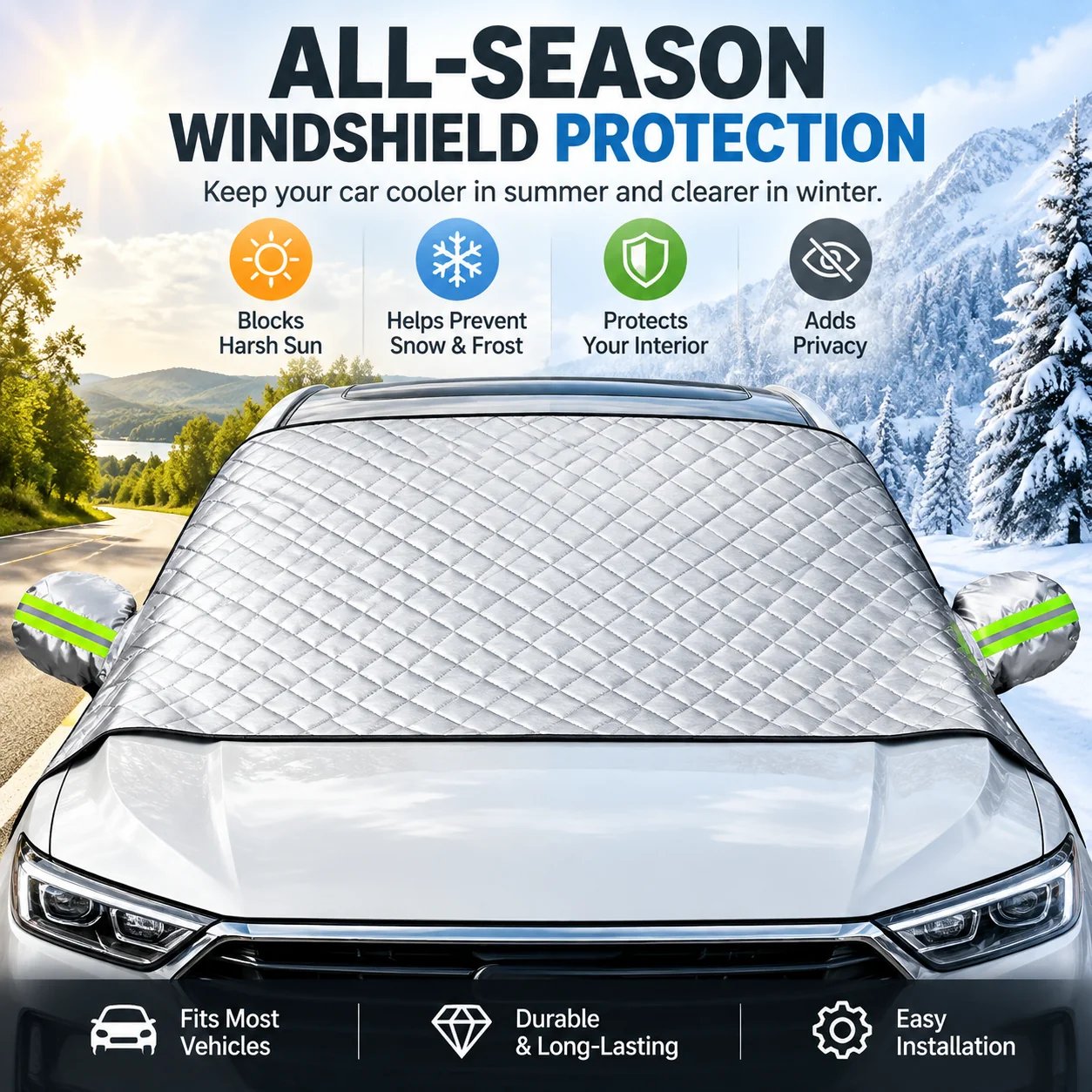 All-season magnetic windshield cover protecting a parked vehicle