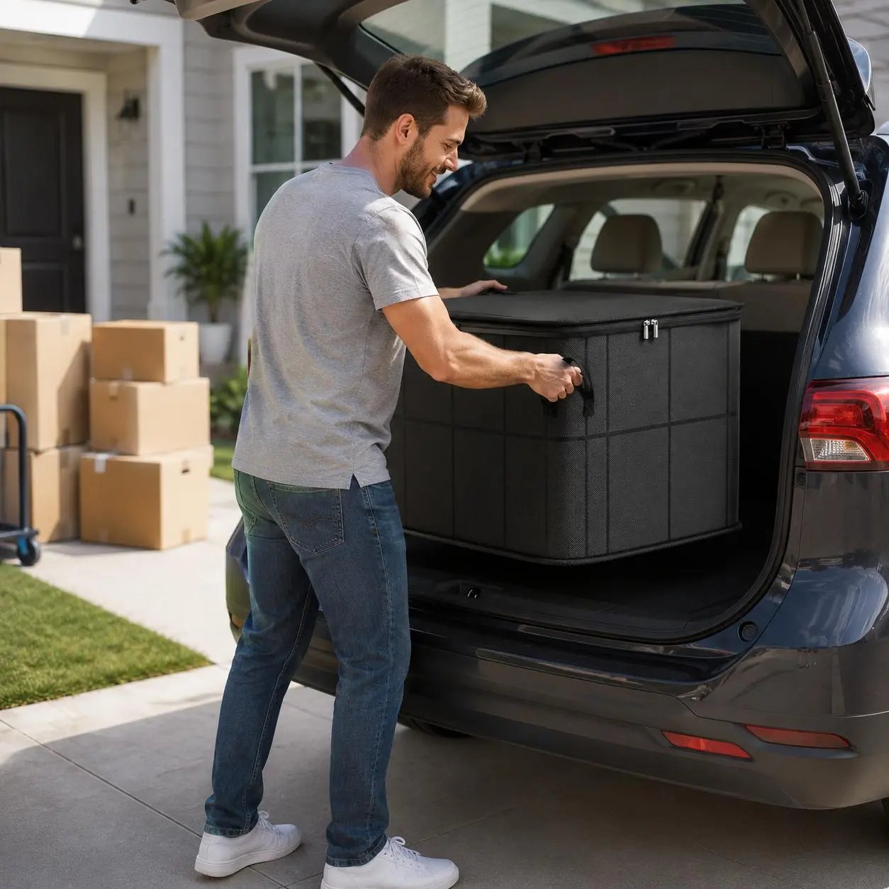 Large storage bin being loaded into the back of a vehicle
