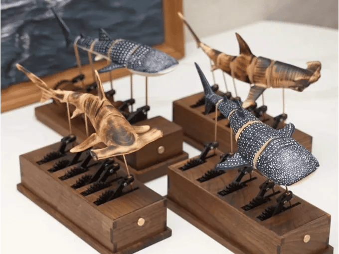 Handcrafted wooden whale shark automaton