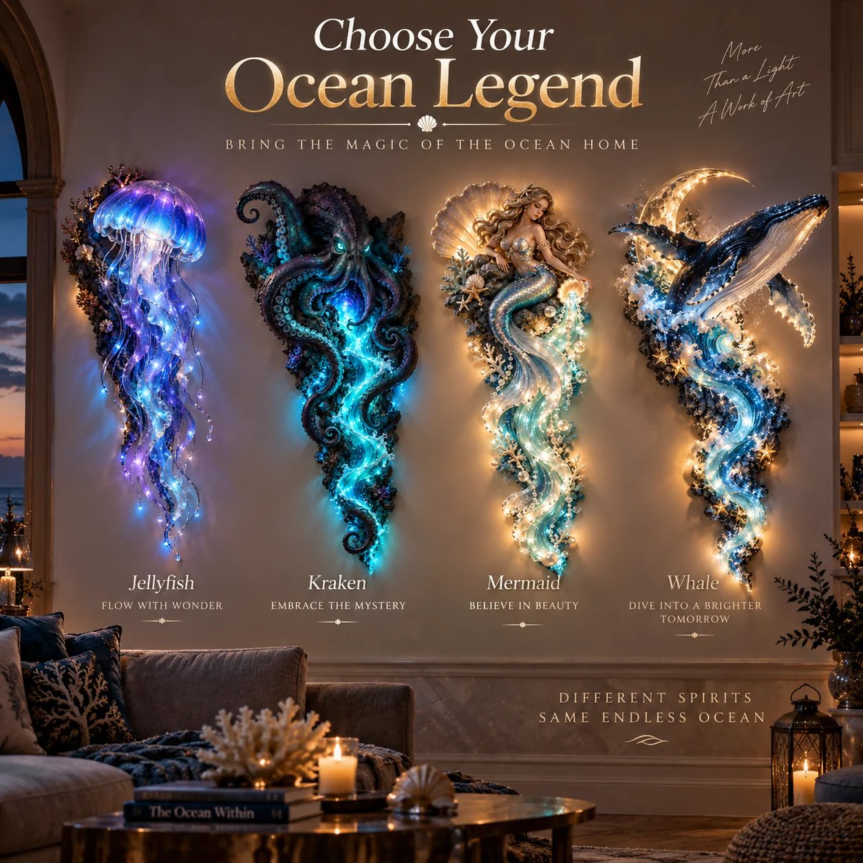 Jellyfish, Kraken, Mermaid and Whale illuminated wall decor displayed together
