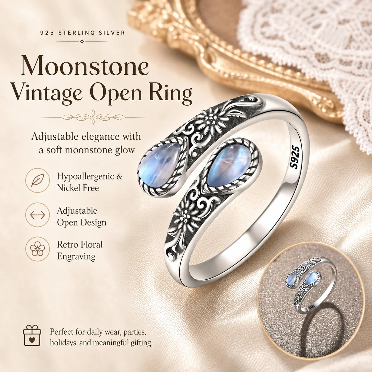 Adjustable open band moonstone ring worn on finger