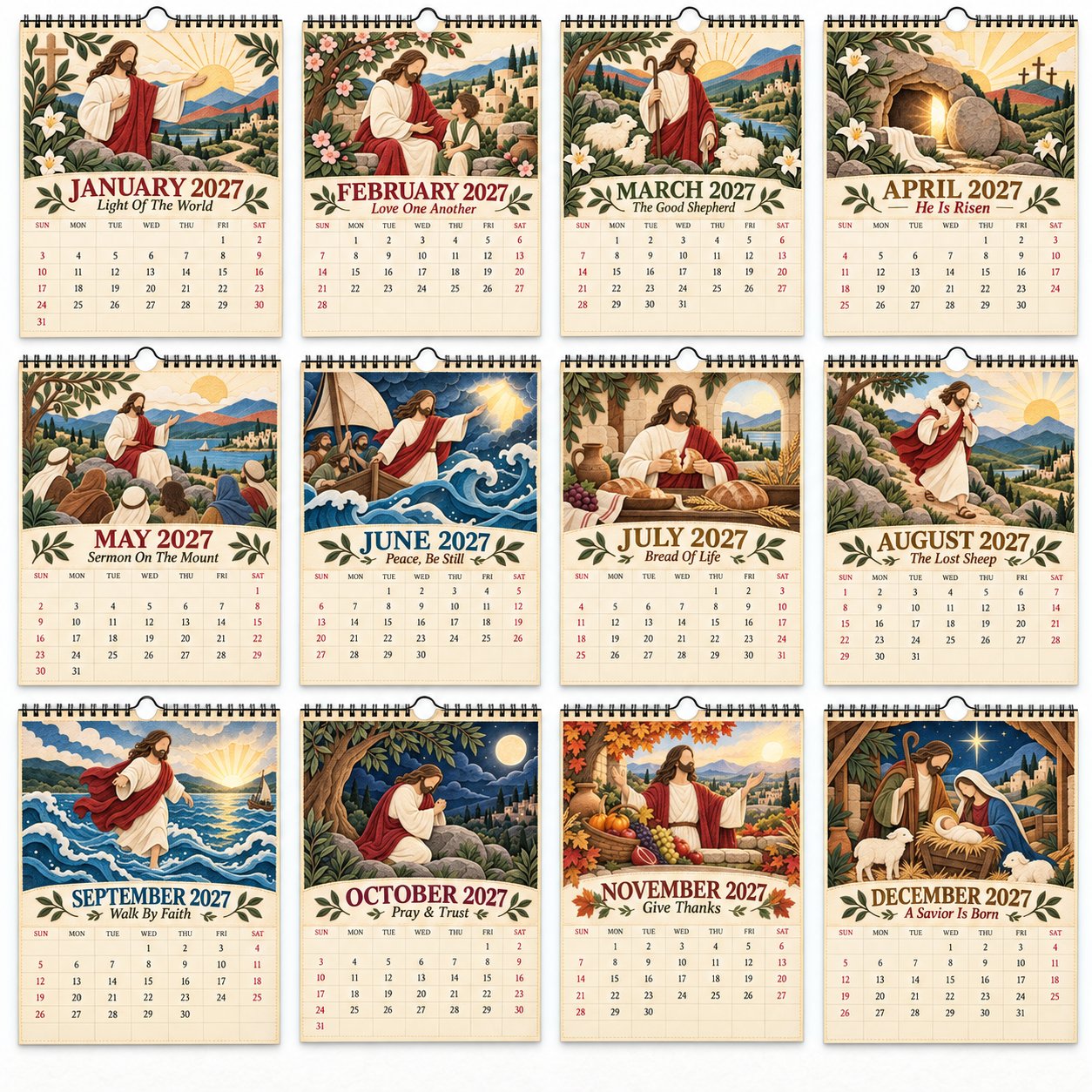 All twelve monthly designs in the 2027 A Year With Jesus calendar