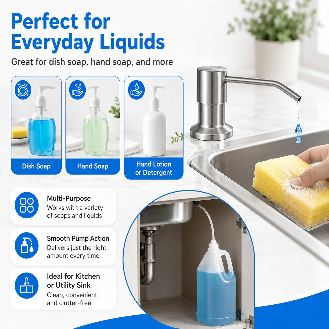 Four-step installation guide for the built-in sink soap dispenser