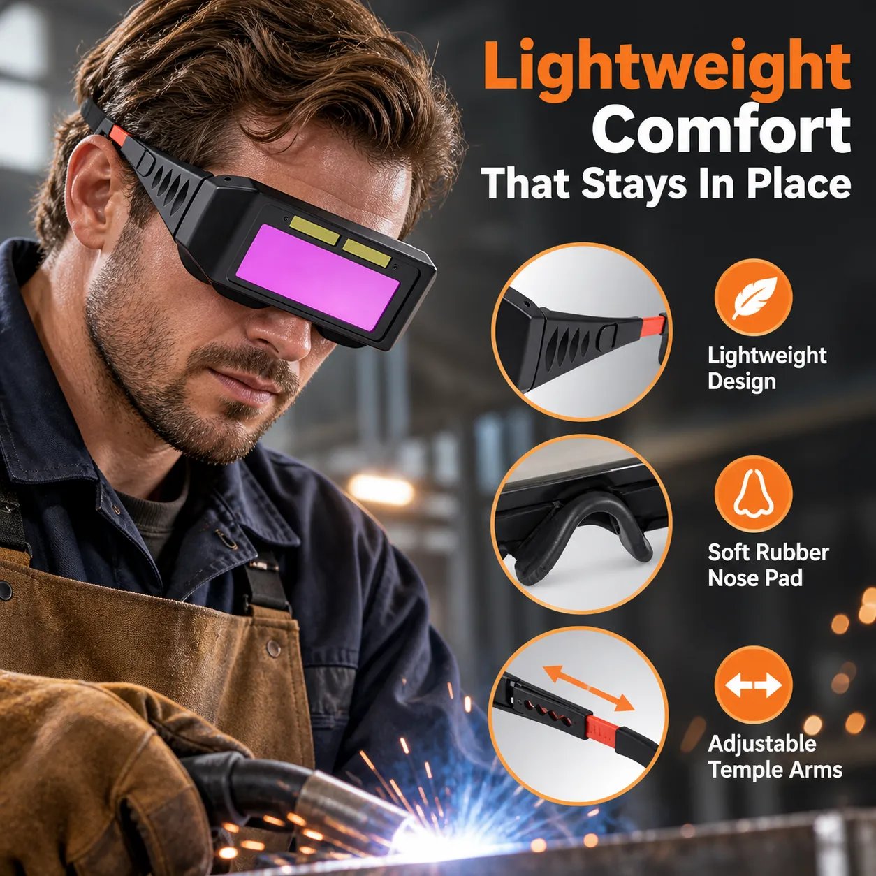 Lightweight welding goggles with soft rubber frame and adjustable temple arms