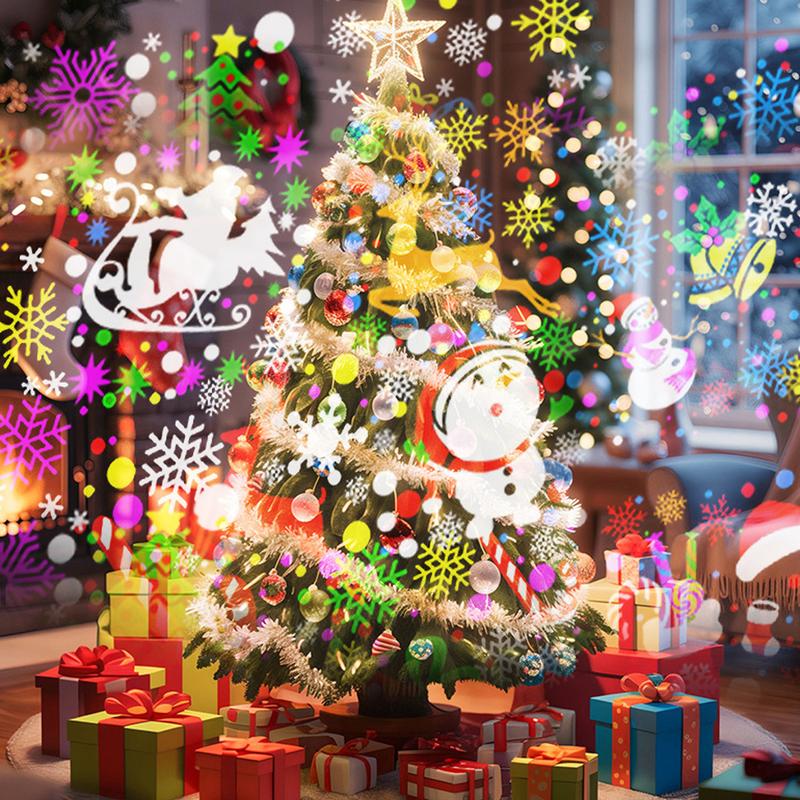 Festive patterns projected onto a living room wall and Christmas tree