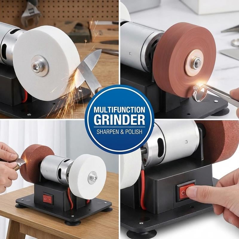 Mini bench grinder shown from several angles highlighting fine grinding, powerful motor and stable base