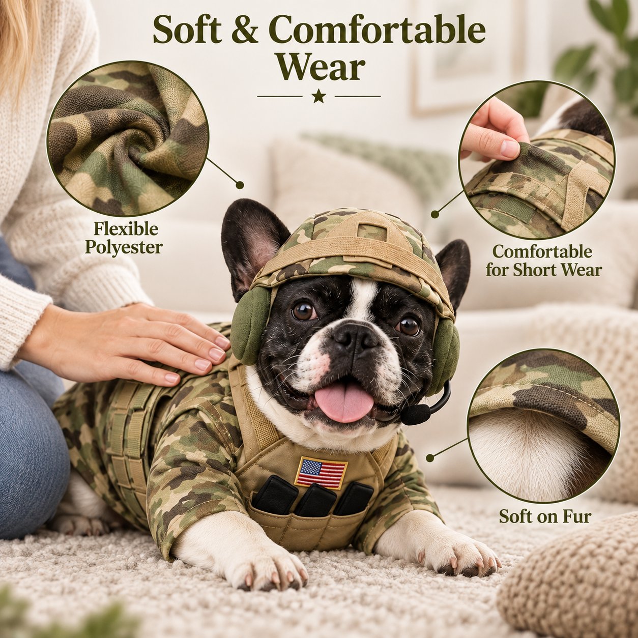 French bulldog resting while wearing the camouflage costume