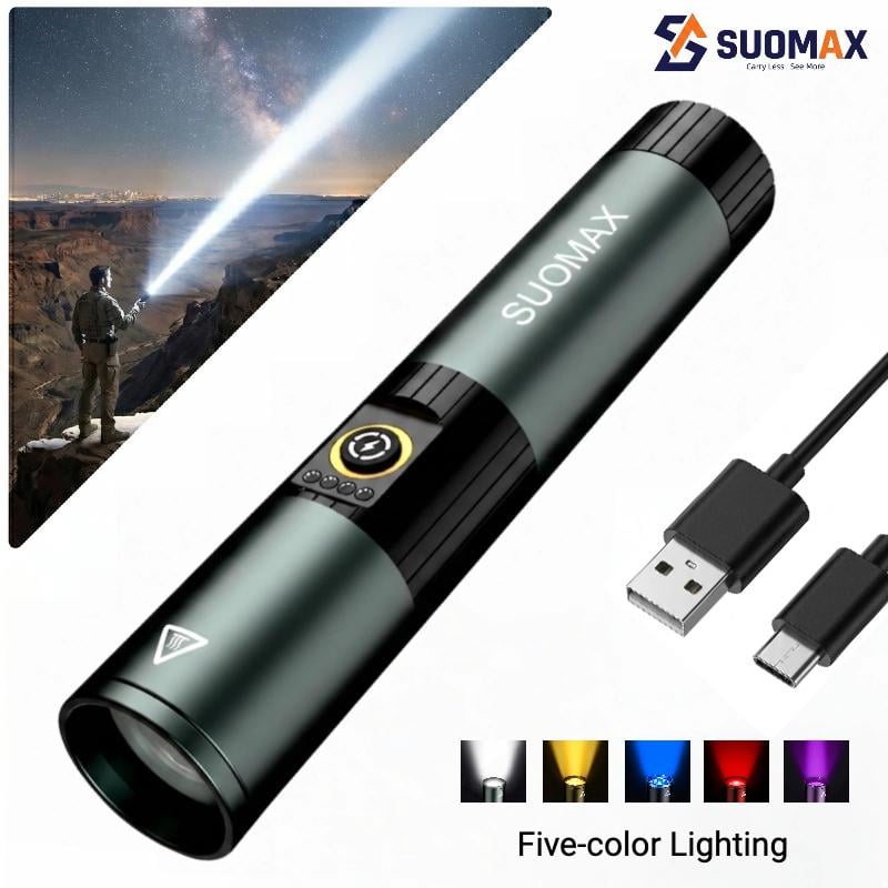 SUOMAX 5-in-1 Strong Flashlight, 1800LM Super Bright LED Light, UV/RED/YELLOW/BLUE/WIGHT BEAM, Five color flashlight, USB-C Rechargeable Pocket Torch Light, Magnetic lamp, IPX4 Waterproof, For night work, Camping, Outdoor tacticle light