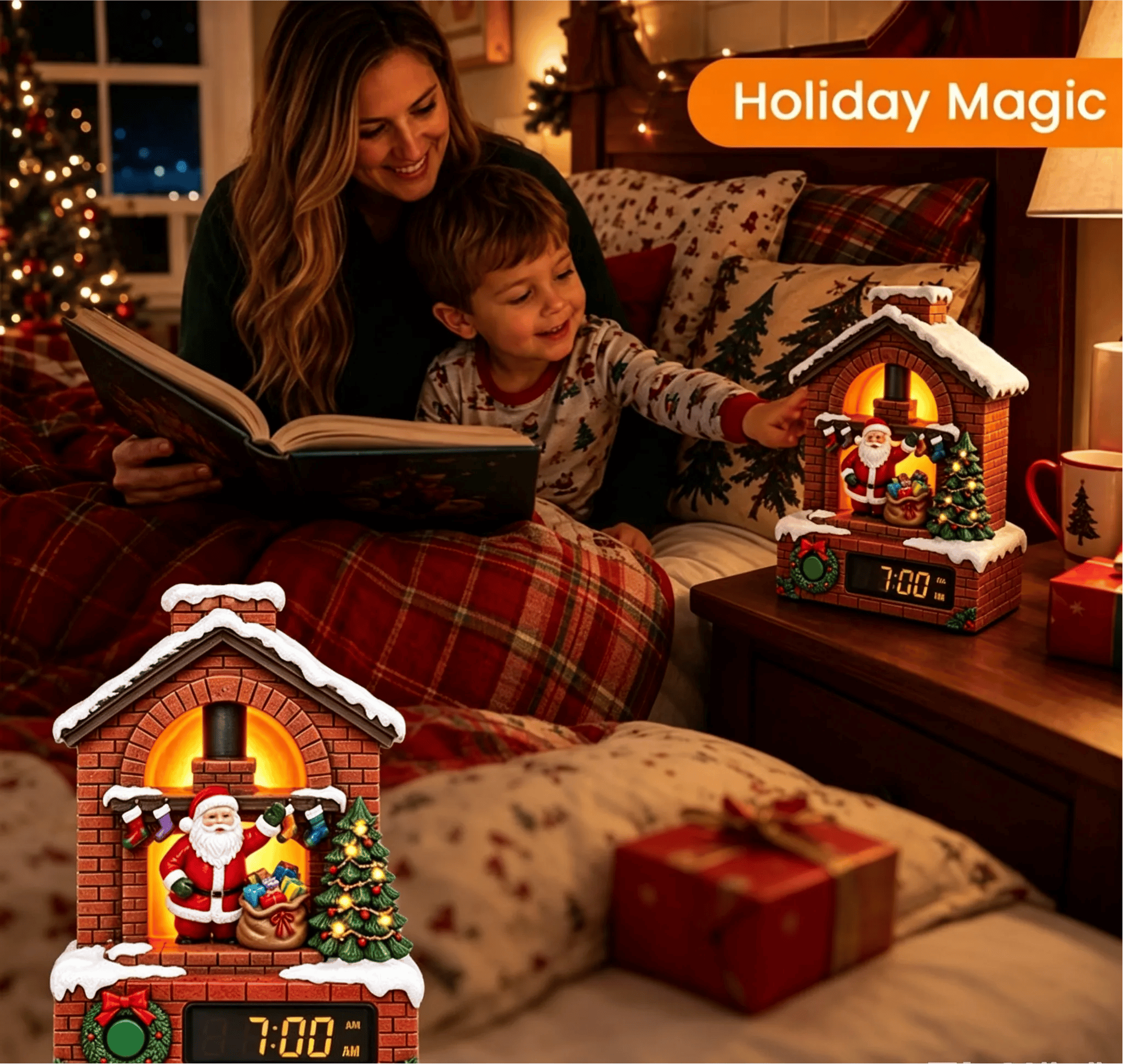 Digital time display on Santa Christmas diorama