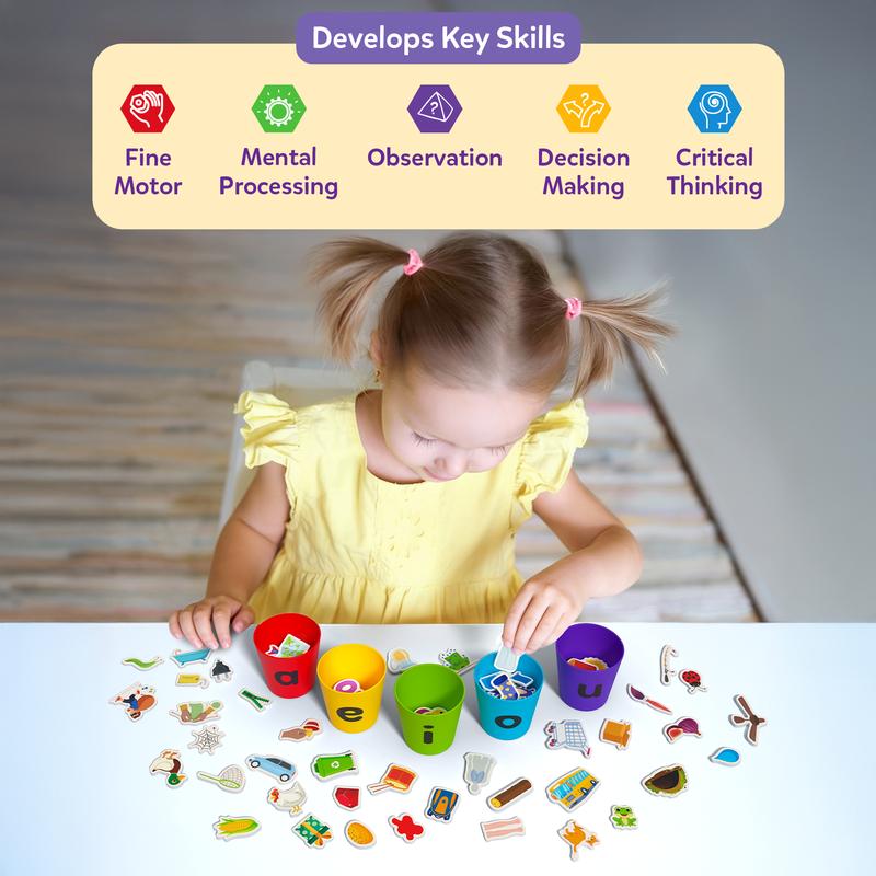 Vowel sorting game showing picture pieces placed into vowel cups