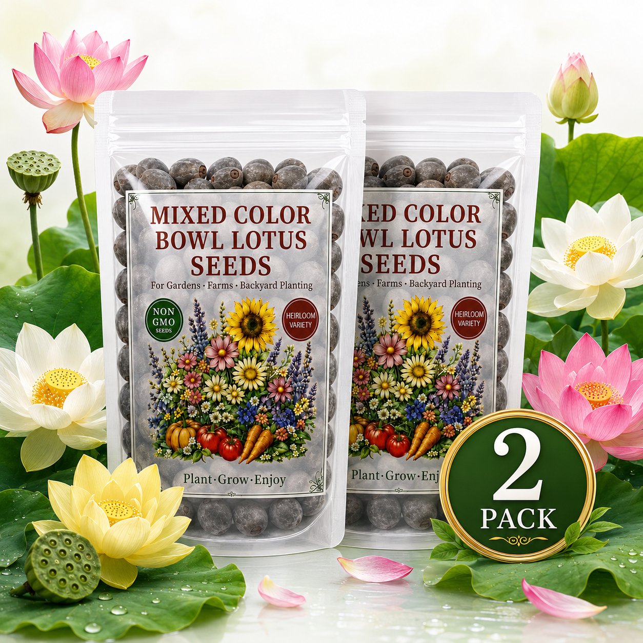 Two pack mixed color bowl lotus seeds for multiple water garden containers