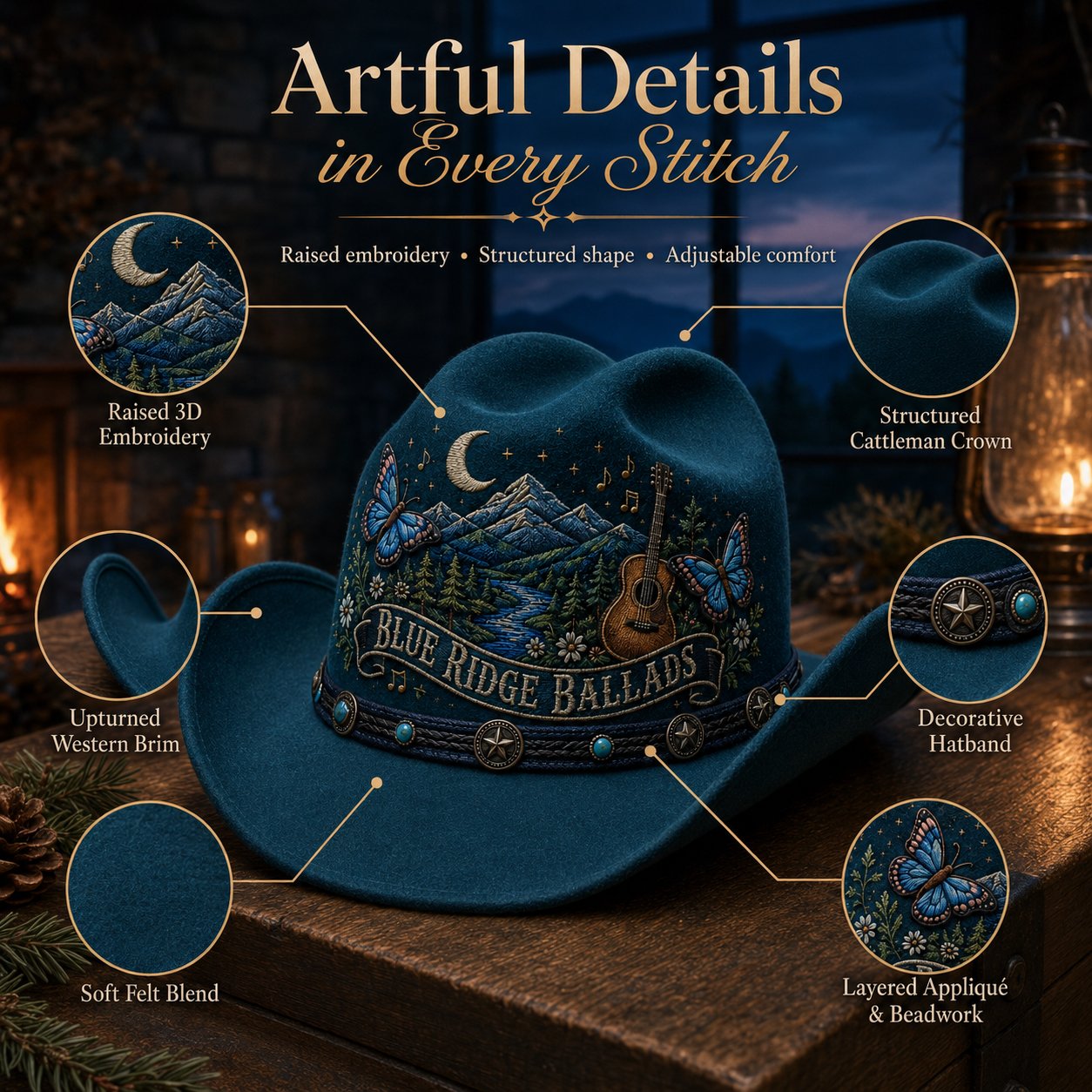 Close-up view of raised embroidery, soft felt blend, western brim and decorative hatband