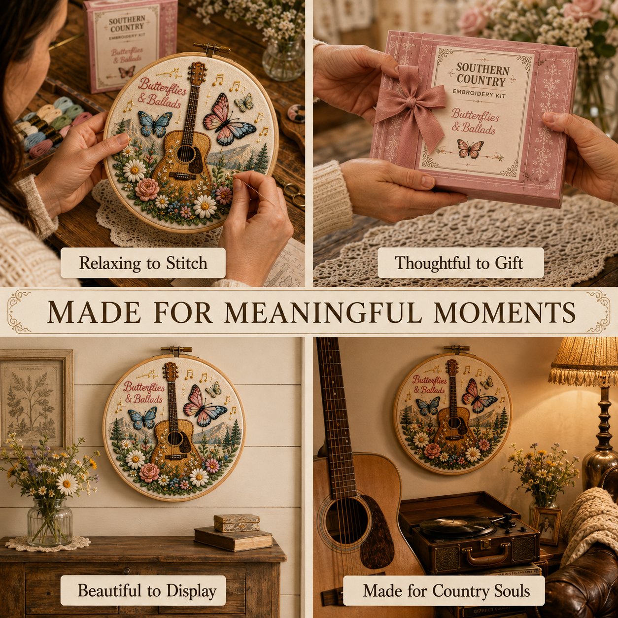 Southern Country embroidery used for relaxing, gifting, and home display