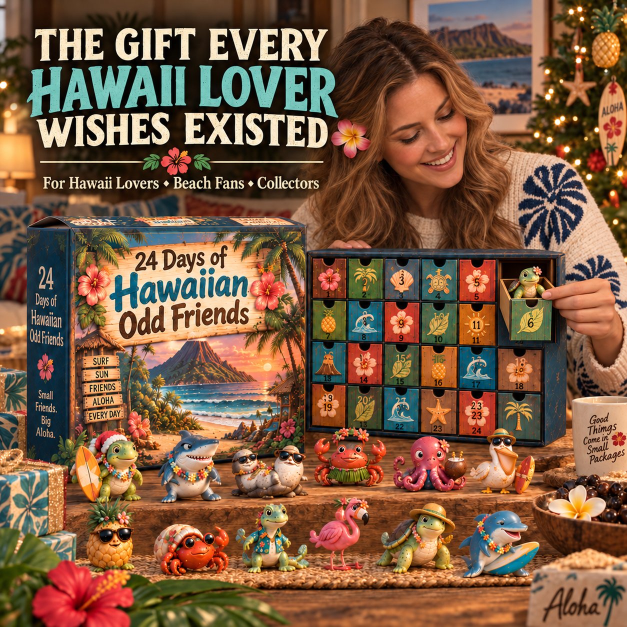 Hawaii lover opening a numbered advent drawer to reveal an island friend