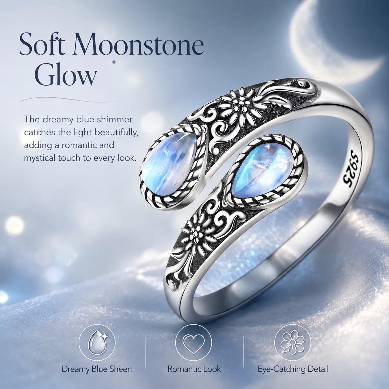 Moonstone ring soft blue adularescence glow close-up
