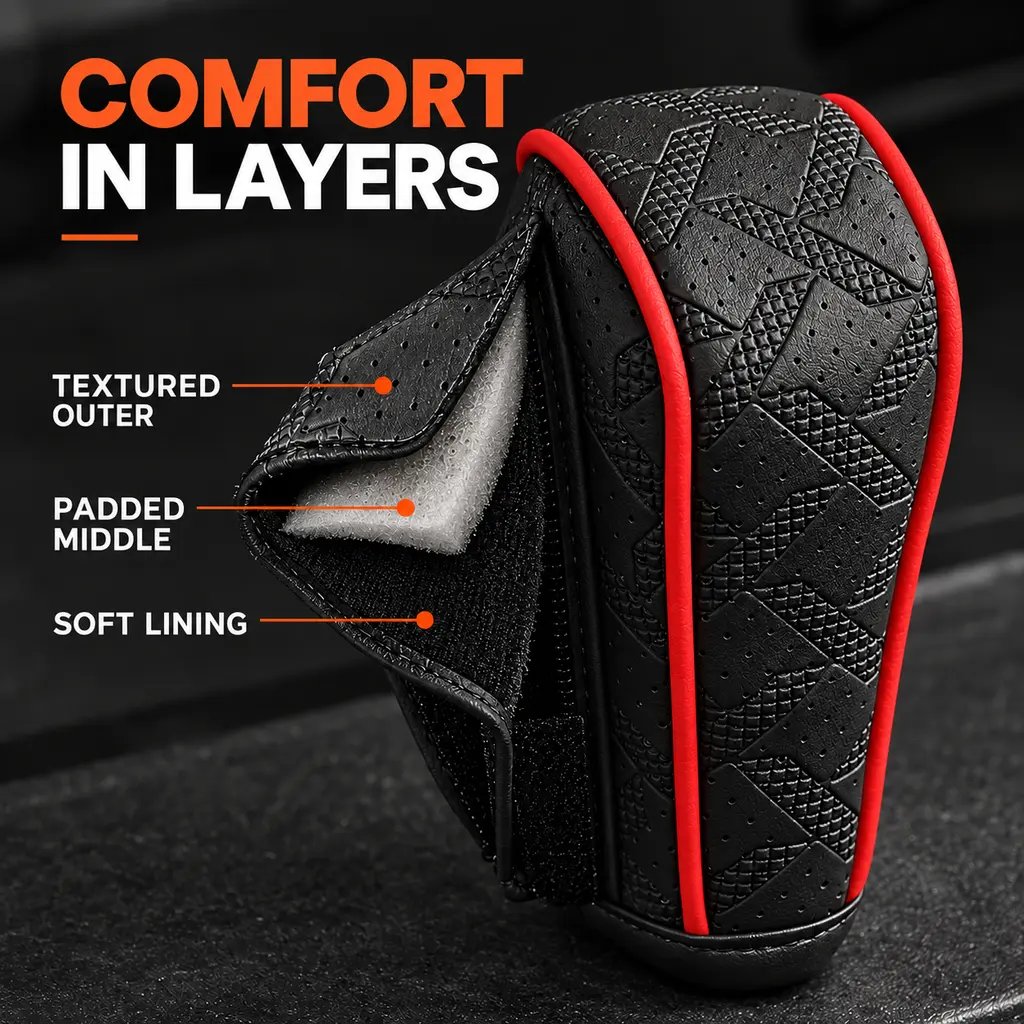 Diagram showing the layered construction of the black shift knob cover