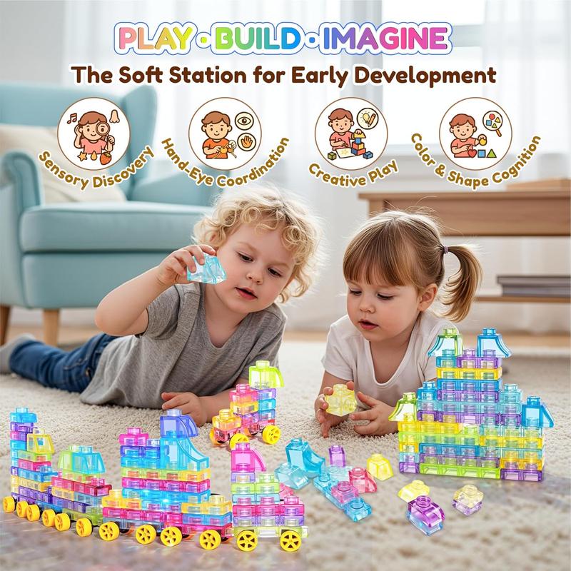 Toddlers stacking soft jelly blocks for early STEM learning