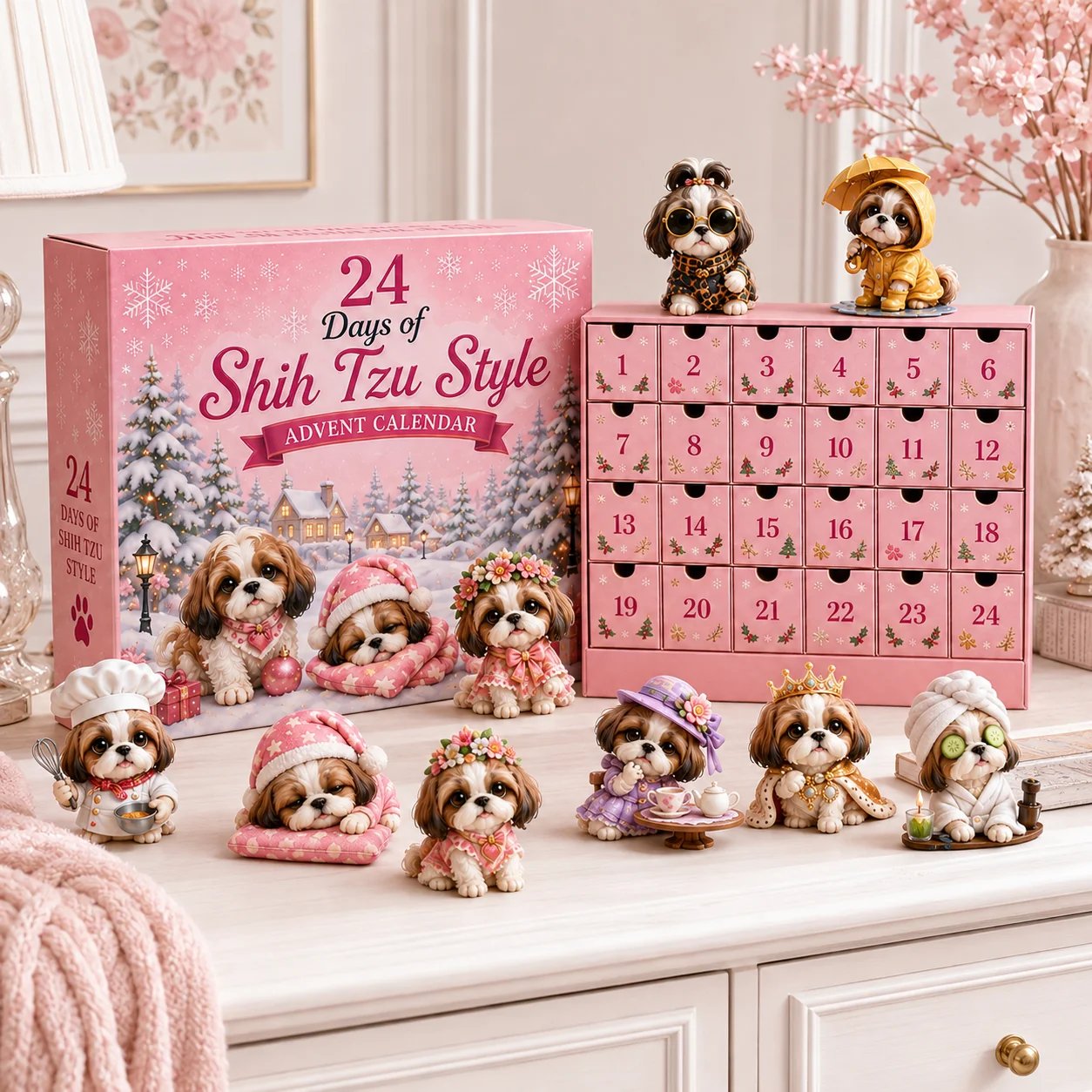 Pink Shih Tzu Advent Calendar displayed in a home