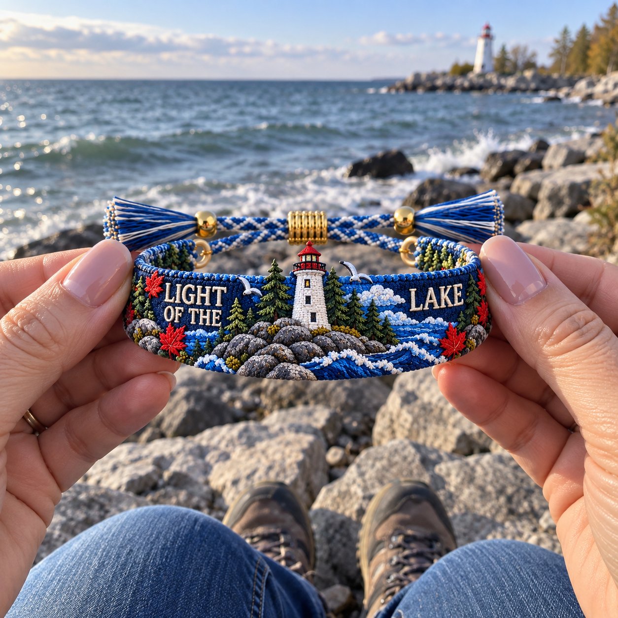 Customer holding the Light of the Lake bracelet by the rocky shoreline