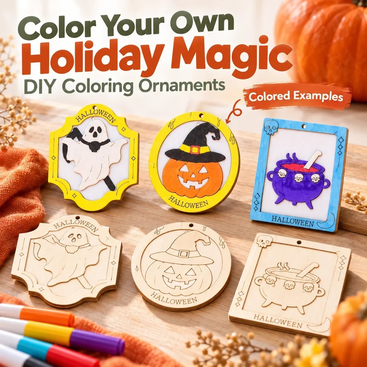 Halloween ornaments shown unfinished and as colored examples