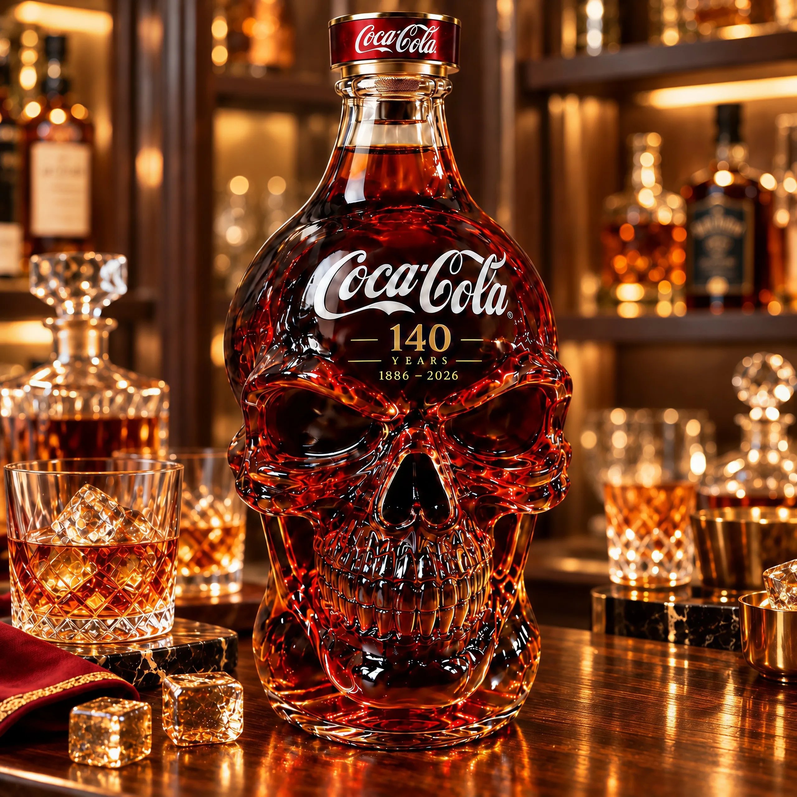 Cola anniversary skull whiskey bottle collector display