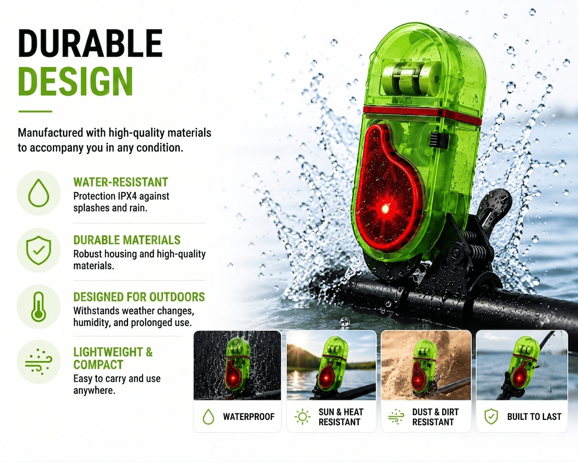 High visibility red LED bite alarm for night fishing