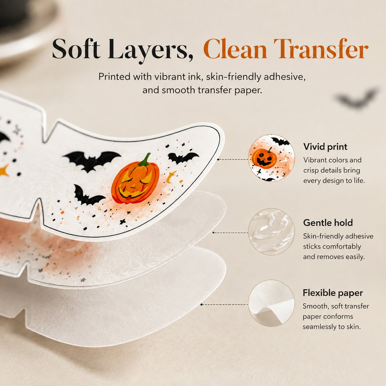 Close-up layered construction of Halloween temporary face tattoo transfer
