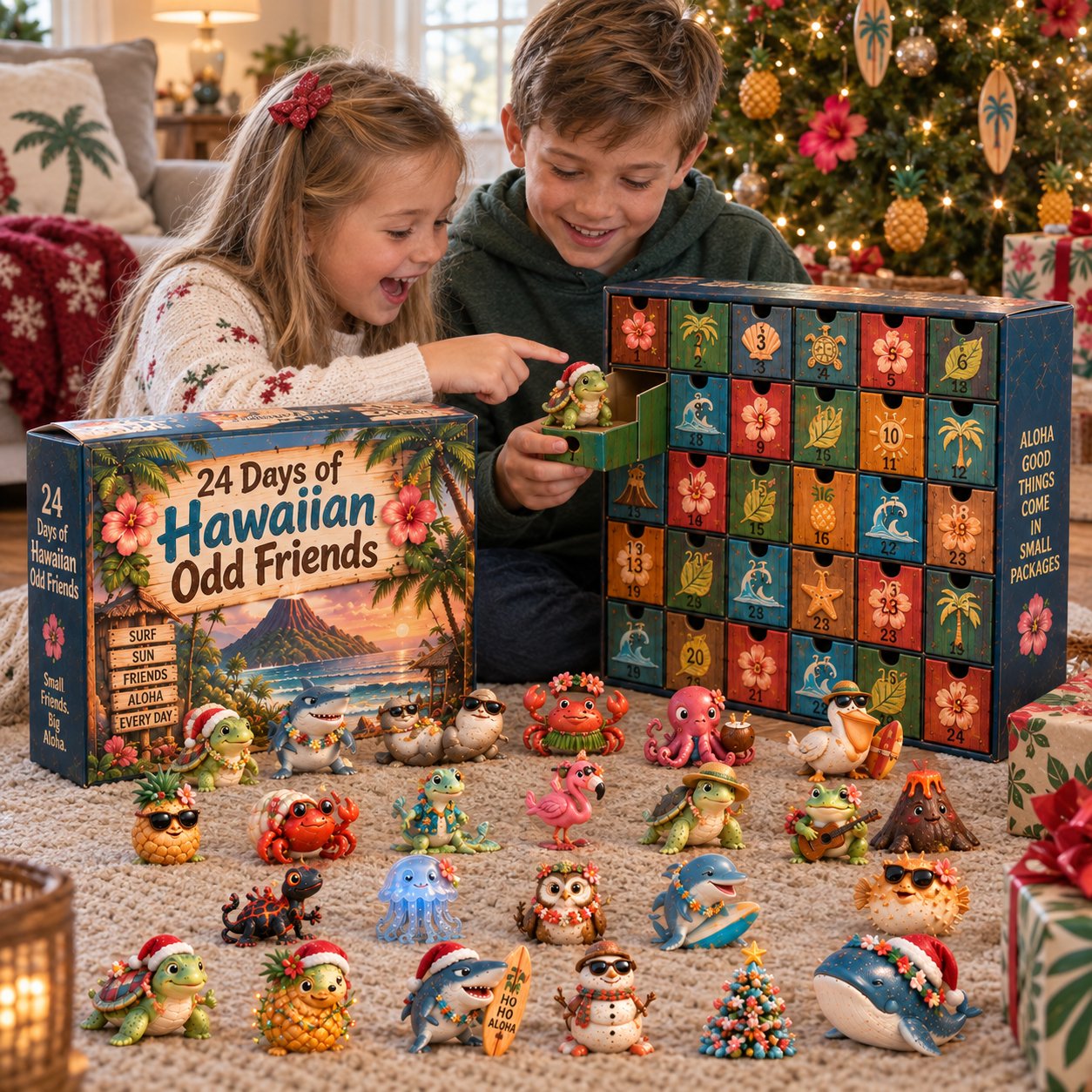 Two children opening a numbered drawer from the Hawaiian Odd Friends advent calendar